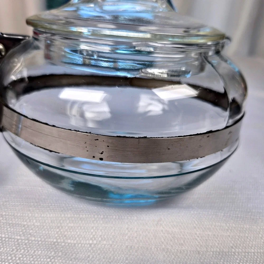 Vintage Pyrex 8126-B Clear Glass Teapot  Server Stainless Band USA MCM